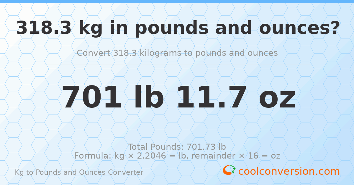 318.3 kg to lbs and oz — 318.3 kg = 701 lb 11.7 oz