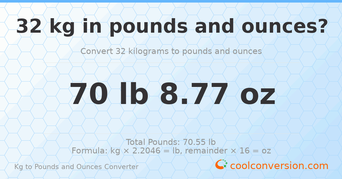 32 kg to lbs and oz — 32 kg = 70 lb 8.77 oz