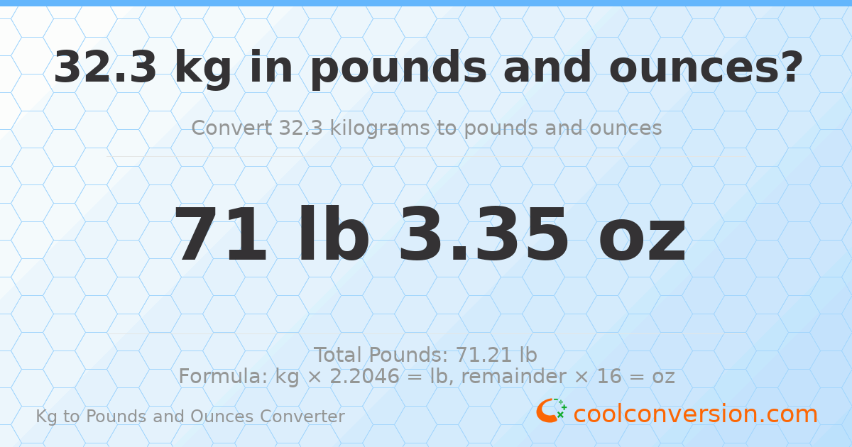 32.3 kg to lbs and oz — 32.3 kg = 71 lb 3.35 oz