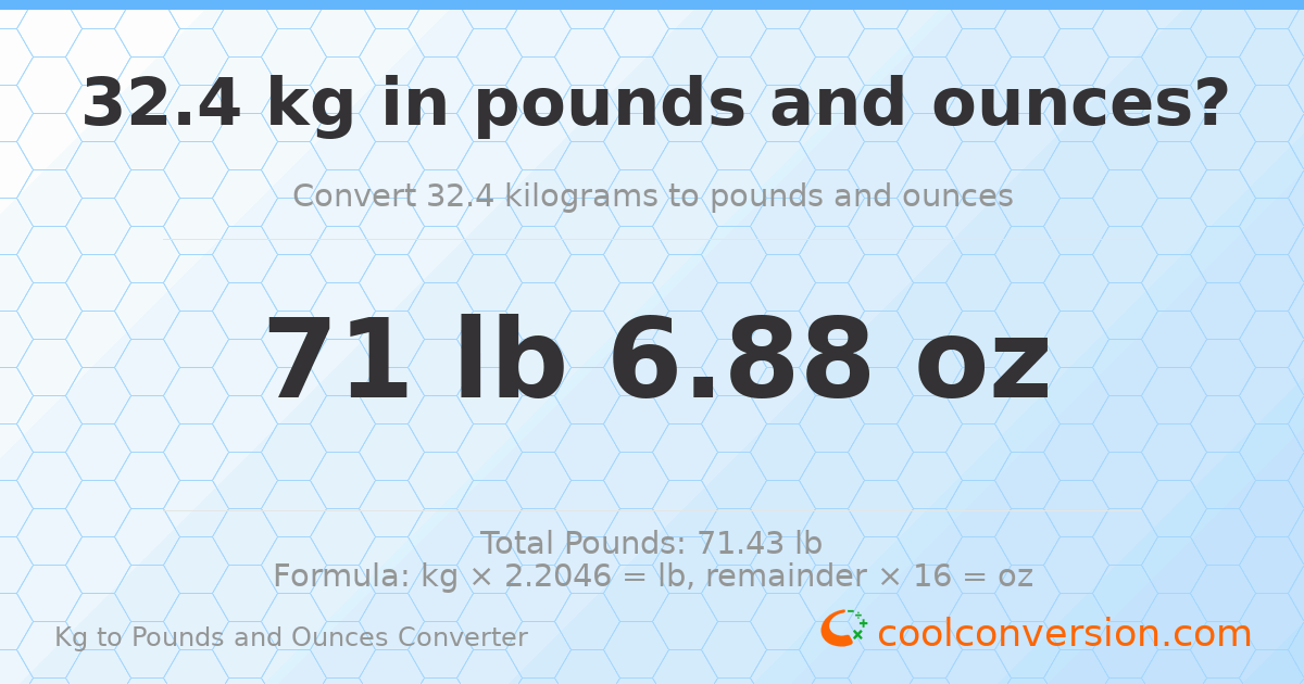 32.4 kg to lbs and oz — 32.4 kg = 71 lb 6.88 oz