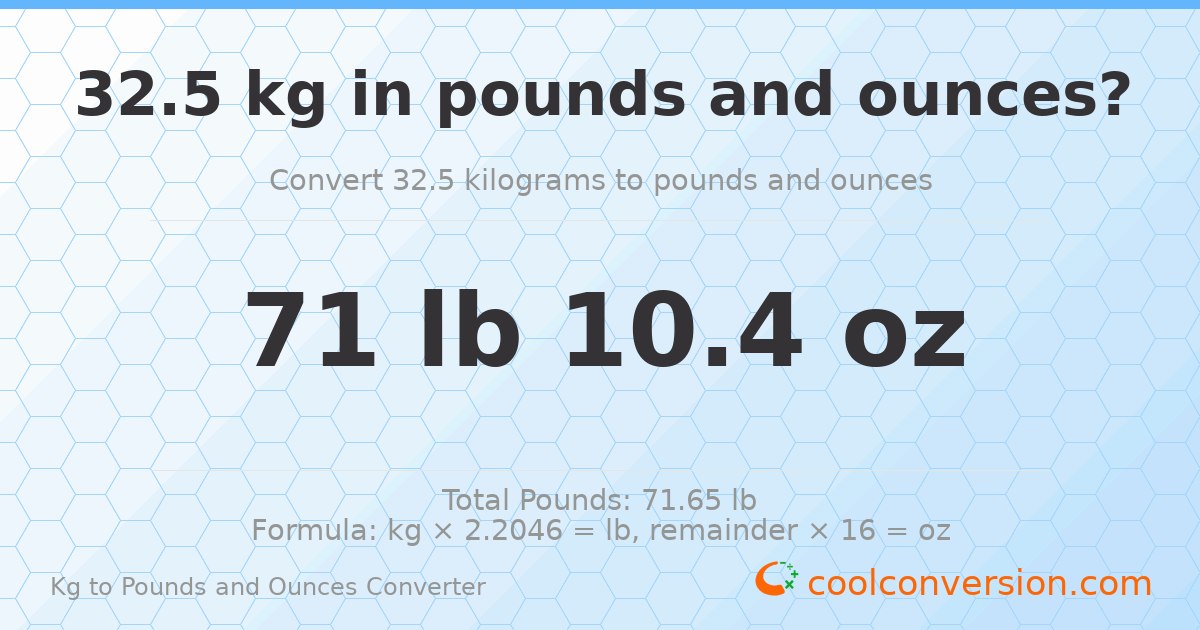 32.5 kg to lbs and oz — 32.5 kg = 71 lb 10.4 oz