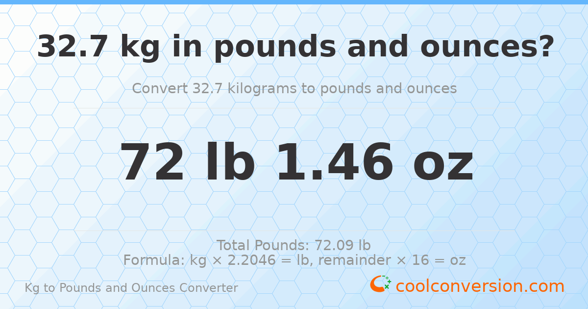 32.7 kg to lbs and oz — 32.7 kg = 72 lb 1.46 oz