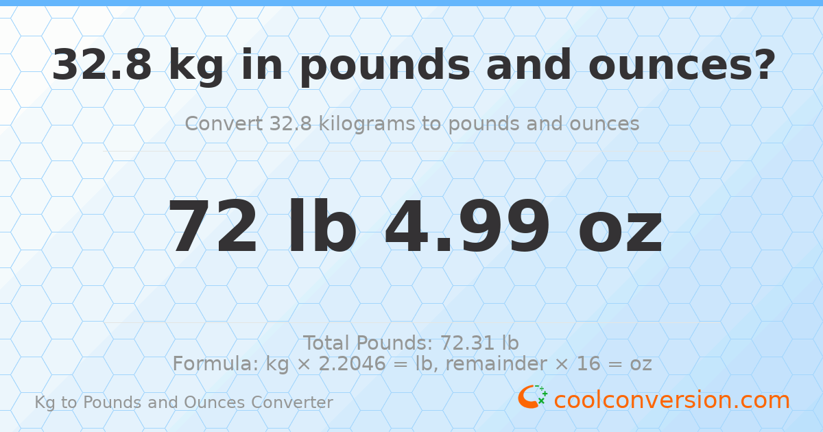 32.8 kg to lbs and oz — 32.8 kg = 72 lb 4.99 oz