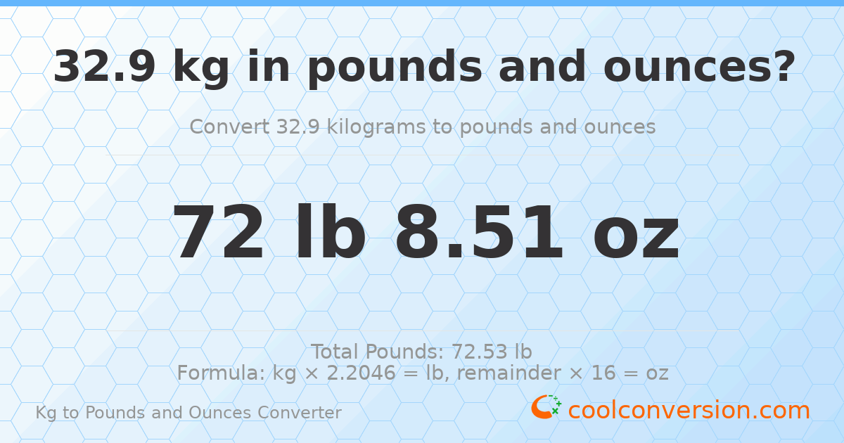 32.9 kg to lbs and oz — 32.9 kg = 72 lb 8.51 oz