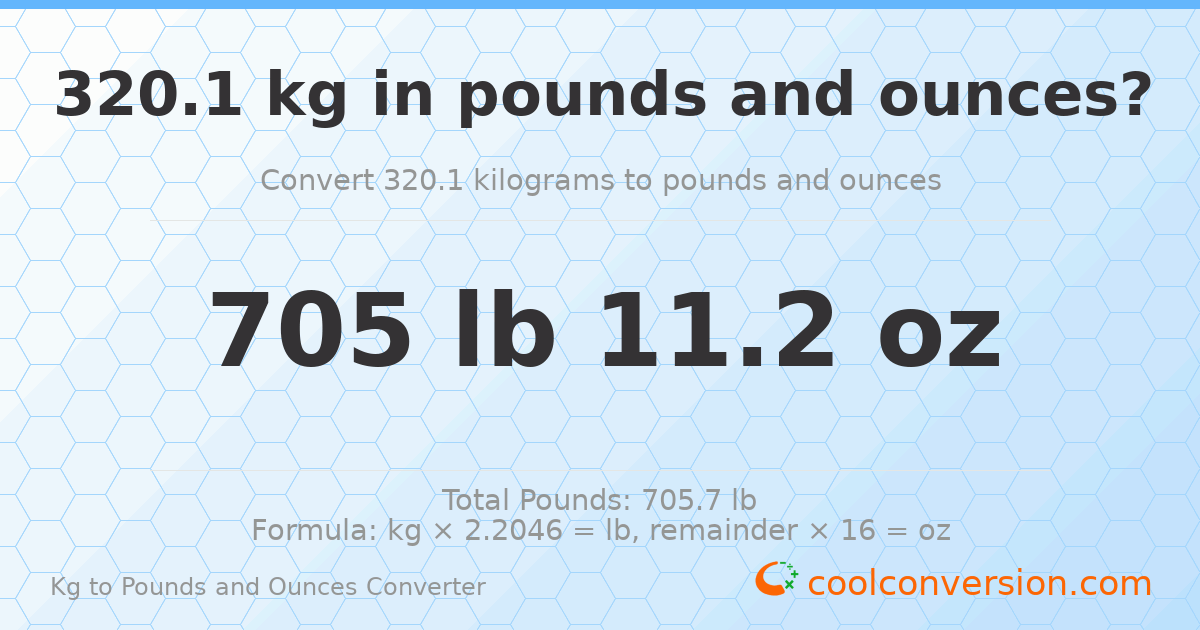 320.1 kg to lbs and oz — 320.1 kg = 705 lb 11.2 oz