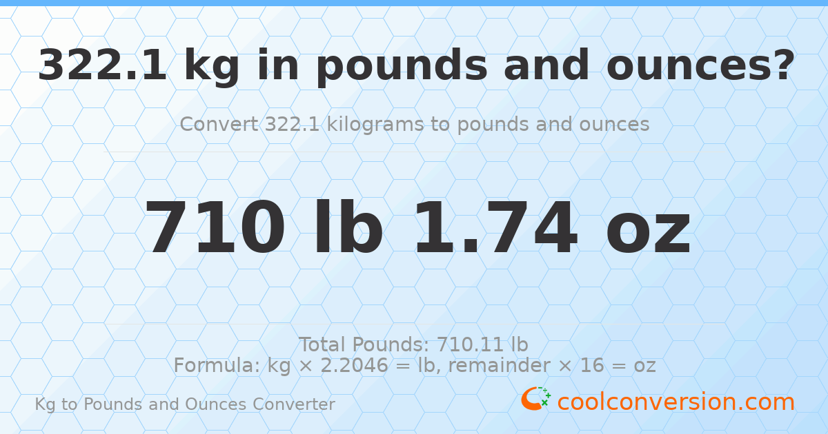 322.1 kg to lbs and oz — 322.1 kg = 710 lb 1.74 oz