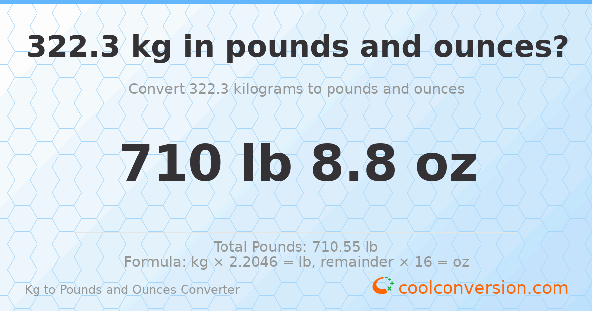 322.3 kg to lbs and oz — 322.3 kg = 710 lb 8.8 oz