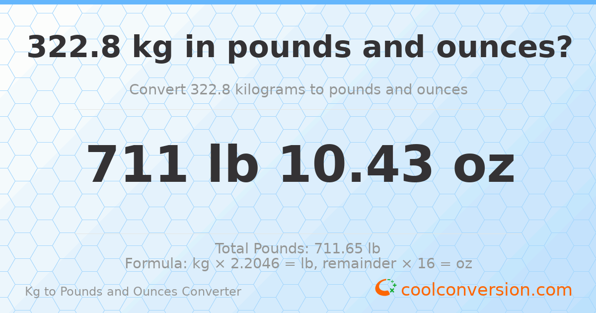322.8 kg to lbs and oz — 322.8 kg = 711 lb 10.43 oz