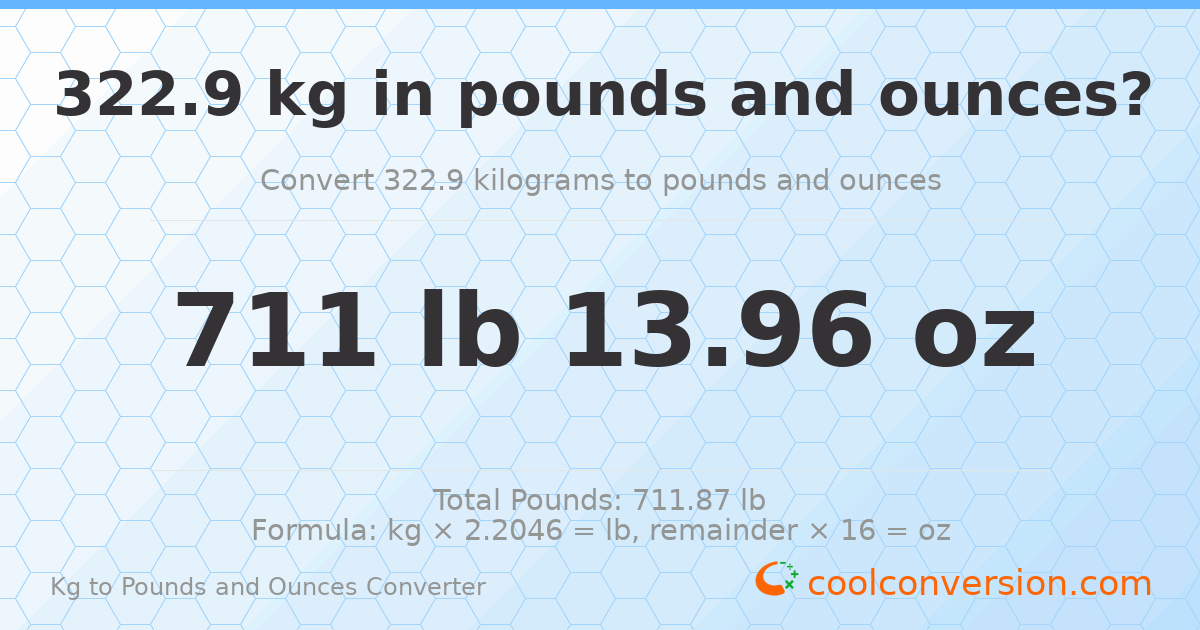 322.9 kg to lbs and oz — 322.9 kg = 711 lb 13.96 oz