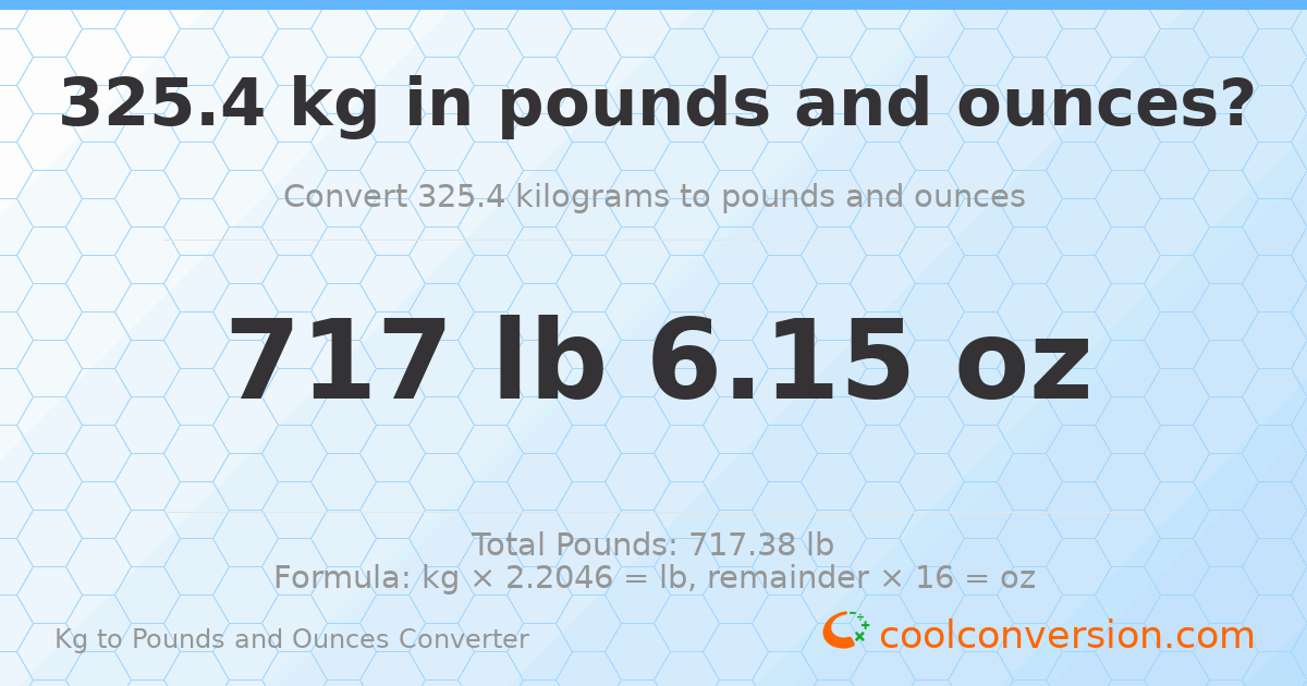 325.4 kg to lbs and oz — 325.4 kg = 717 lb 6.15 oz