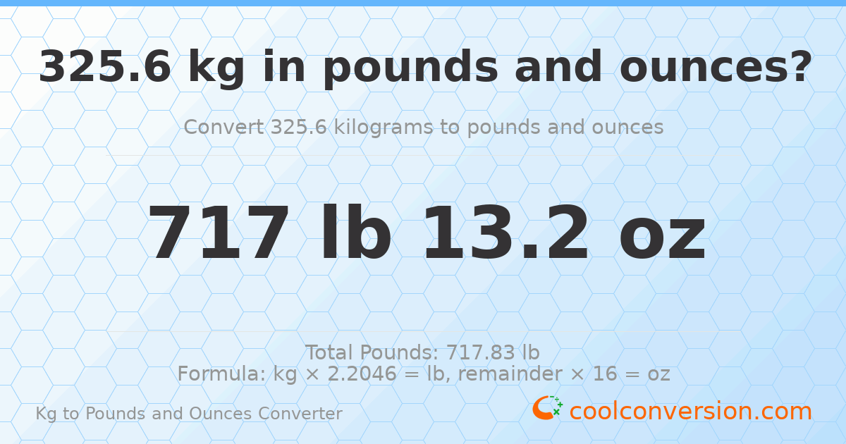 325.6 kg to lbs and oz — 325.6 kg = 717 lb 13.2 oz