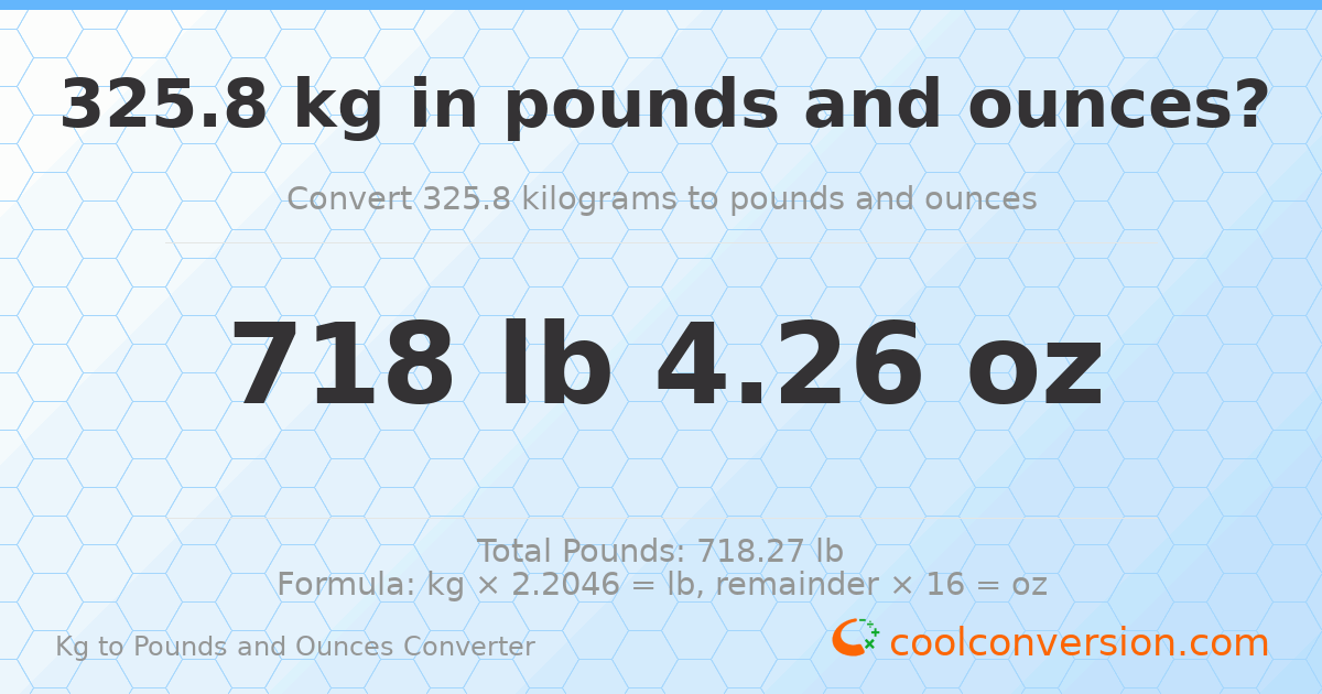 325.8 kg to lbs and oz — 325.8 kg = 718 lb 4.26 oz