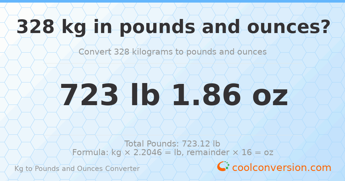 328 kg to lbs and oz — 328 kg = 723 lb 1.86 oz