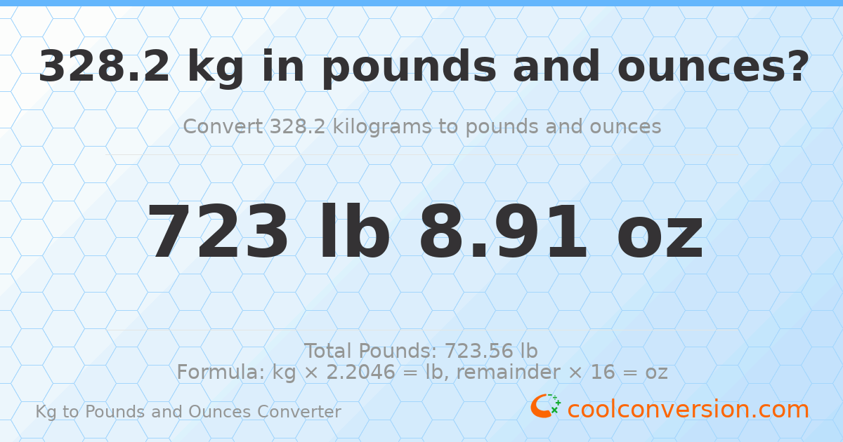 328.2 kg to lbs and oz — 328.2 kg = 723 lb 8.91 oz