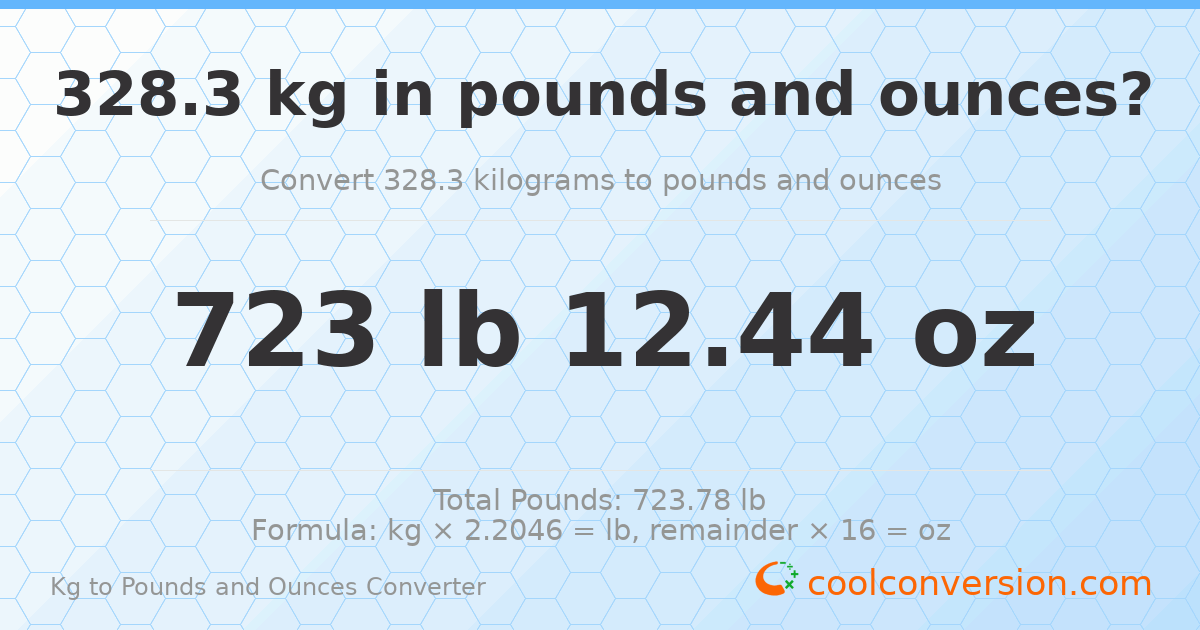 328.3 kg to lbs and oz — 328.3 kg = 723 lb 12.44 oz