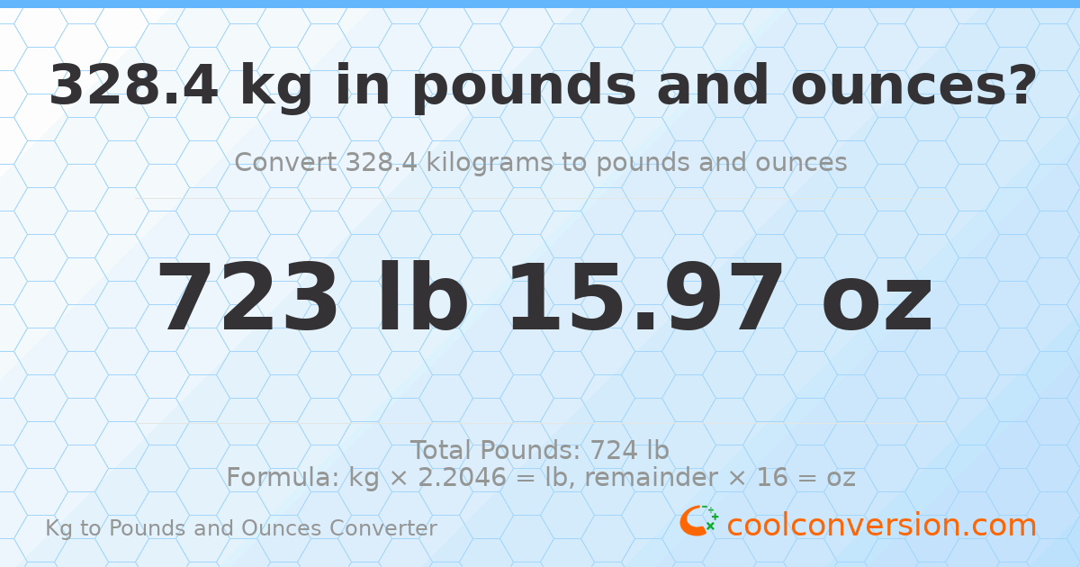 328.4 kg to lbs and oz — 328.4 kg = 723 lb 15.97 oz