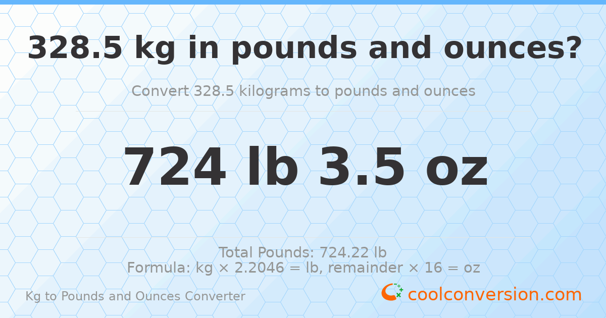 328.5 kg to lbs and oz — 328.5 kg = 724 lb 3.5 oz