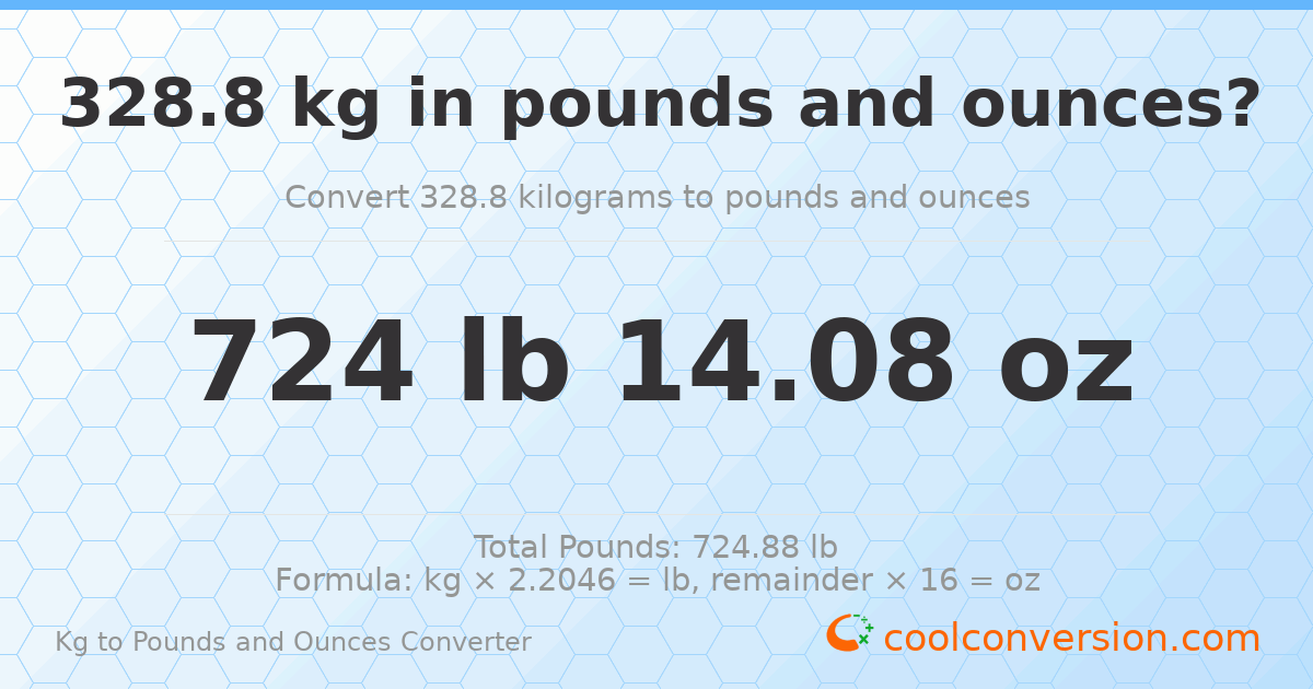 328.8 kg to lbs and oz — 328.8 kg = 724 lb 14.08 oz