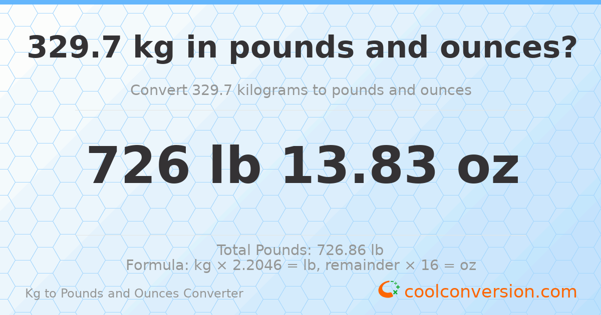 329.7 kg to lbs and oz — 329.7 kg = 726 lb 13.83 oz
