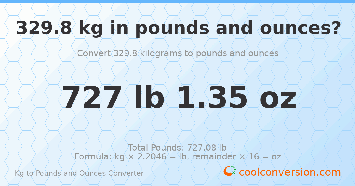 329.8 kg to lbs and oz — 329.8 kg = 727 lb 1.35 oz