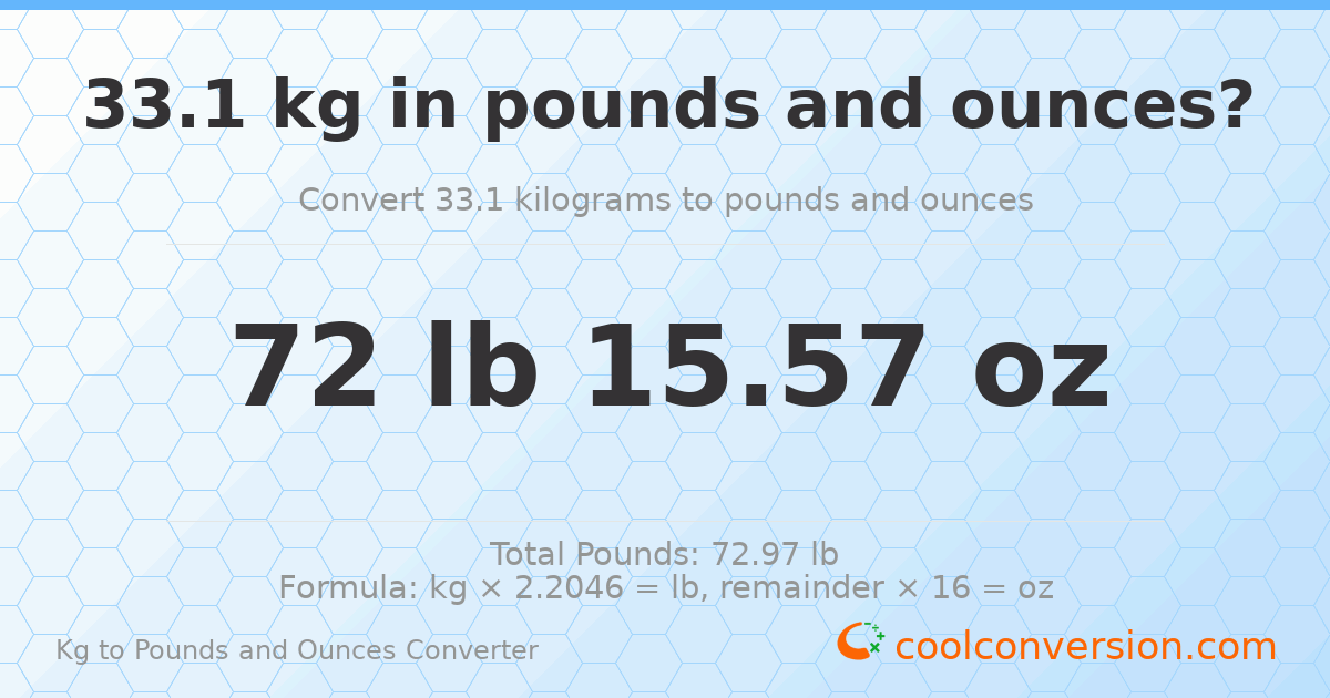 33.1 kg to lbs and oz — 33.1 kg = 72 lb 15.57 oz