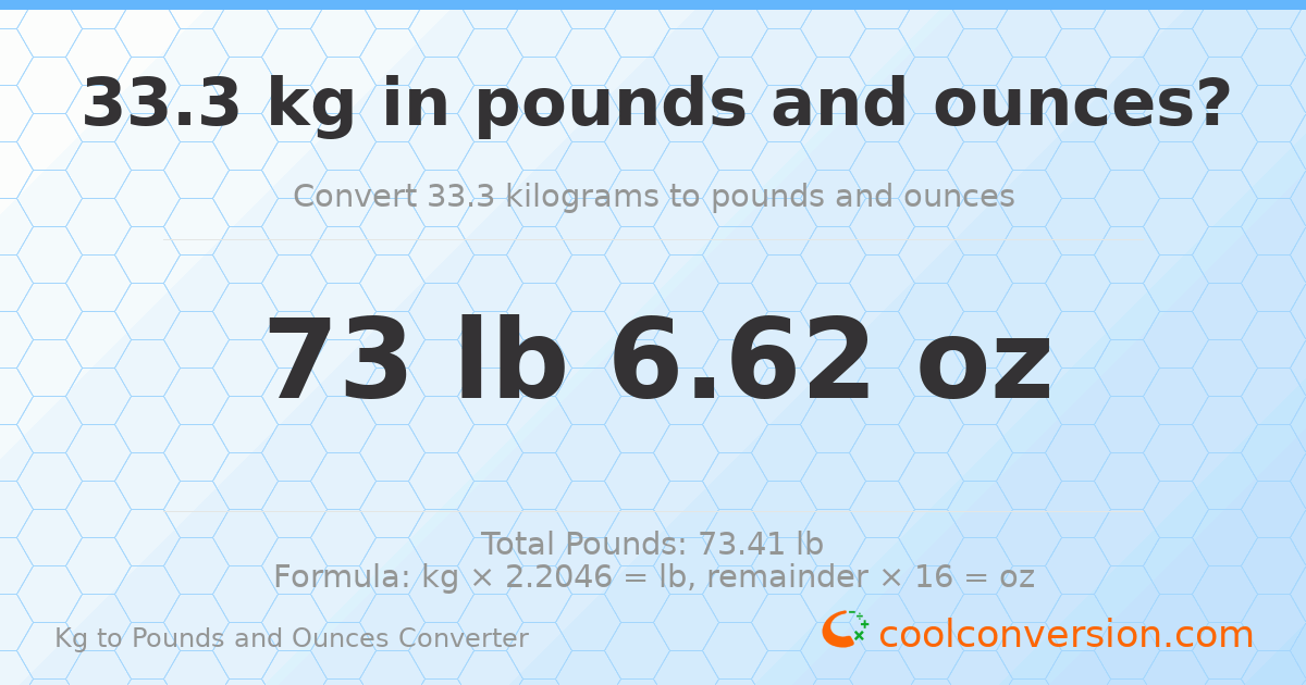 33.3 kg to lbs and oz — 33.3 kg = 73 lb 6.62 oz