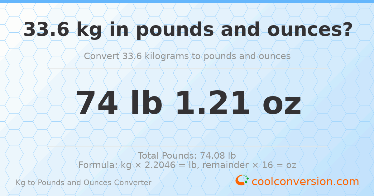 33.6 kg to lbs and oz — 33.6 kg = 74 lb 1.21 oz