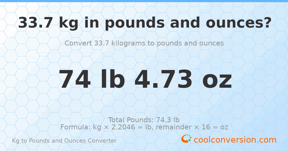 33.7 kg to lbs and oz — 33.7 kg = 74 lb 4.73 oz