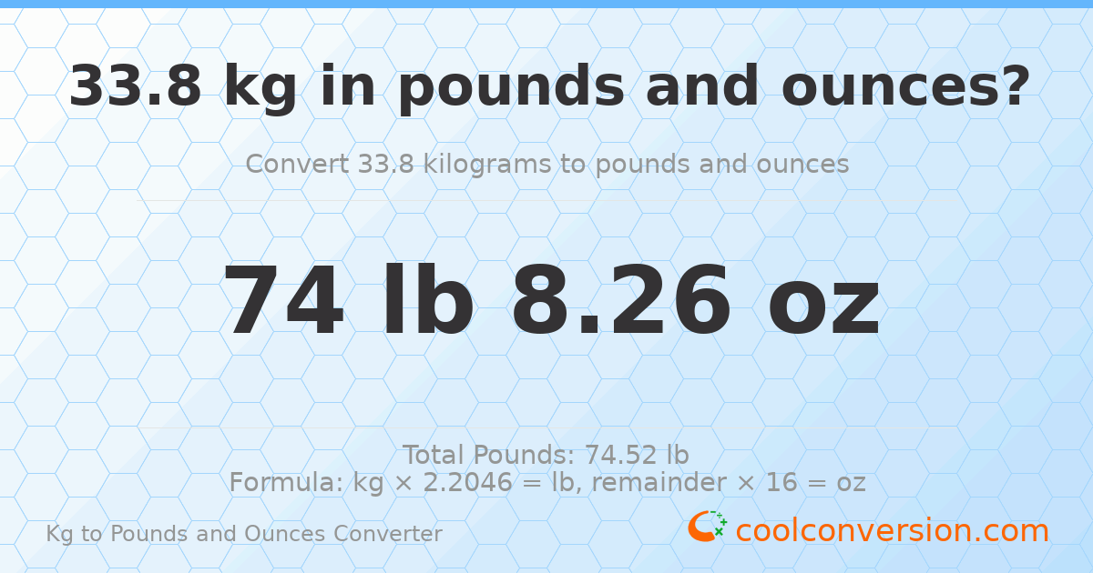 33.8 kg to lbs and oz — 33.8 kg = 74 lb 8.26 oz