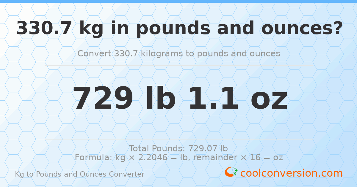 330.7 kg to lbs and oz — 330.7 kg = 729 lb 1.1 oz