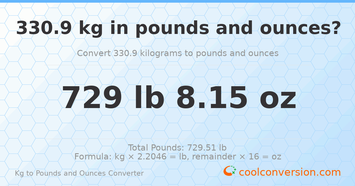 330.9 kg to lbs and oz — 330.9 kg = 729 lb 8.15 oz