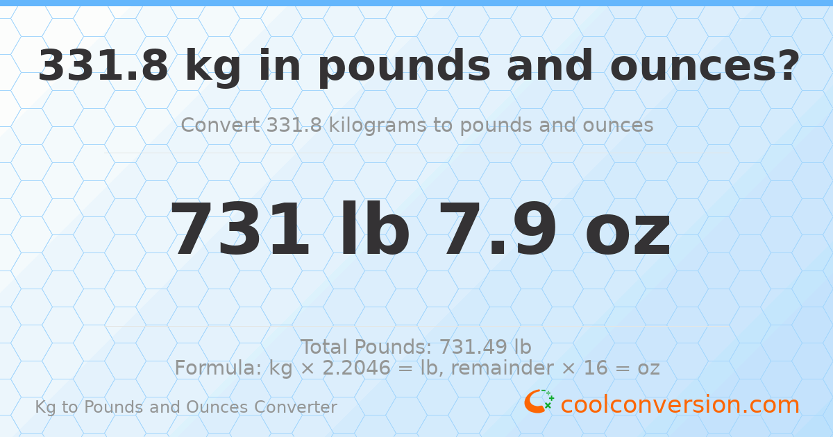 331.8 kg to lbs and oz — 331.8 kg = 731 lb 7.9 oz