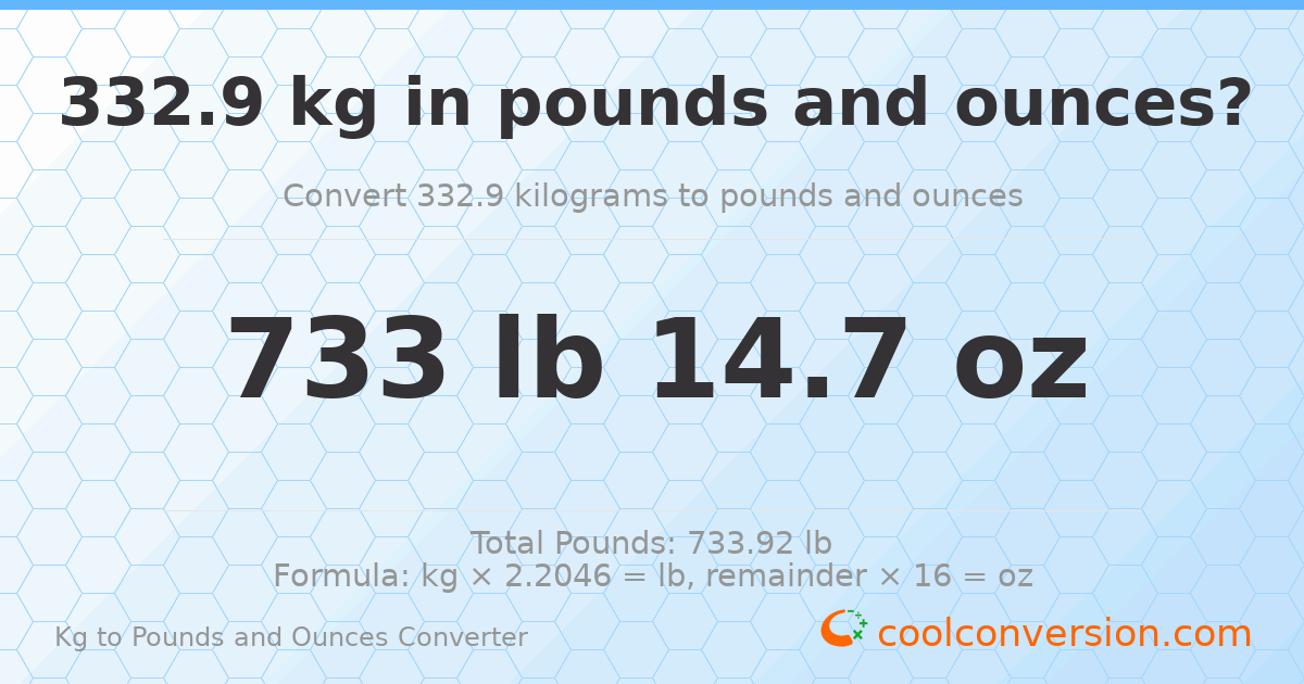332.9 kg to lbs and oz — 332.9 kg = 733 lb 14.7 oz