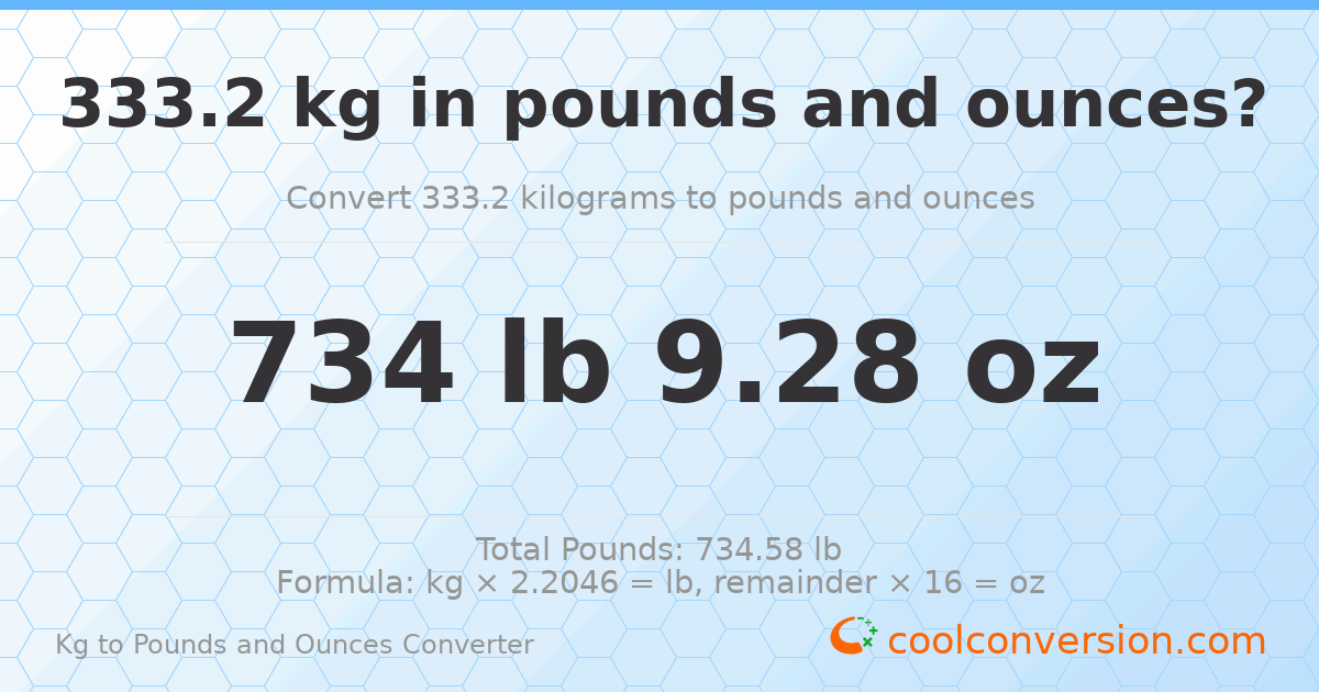 333.2 kg to lbs and oz — 333.2 kg = 734 lb 9.28 oz