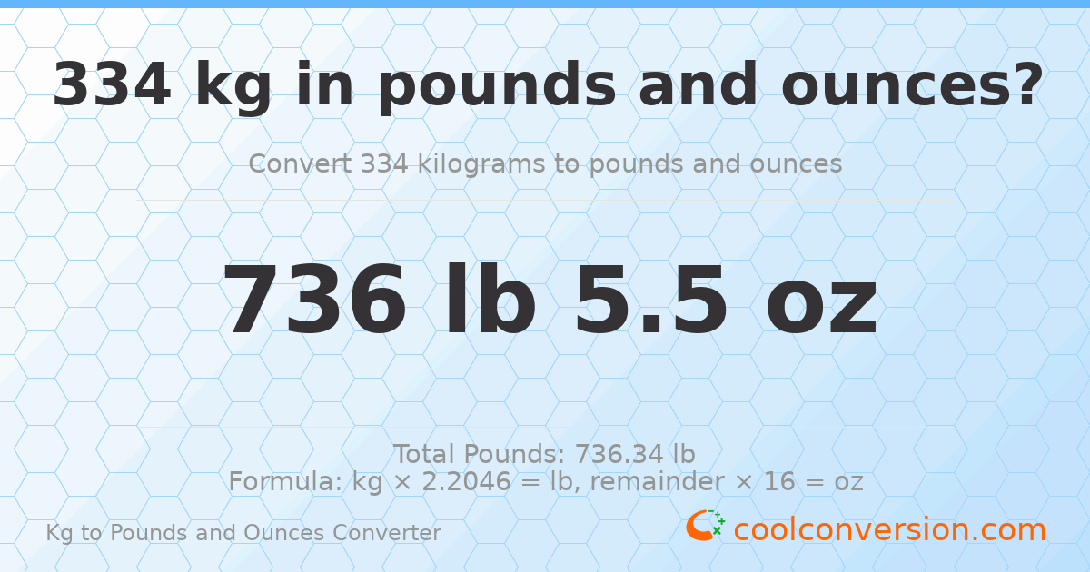 334 kg to lbs and oz — 334 kg = 736 lb 5.5 oz