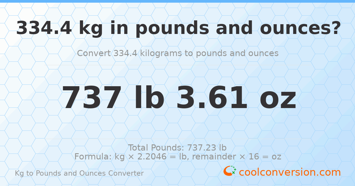 334.4 kg to lbs and oz — 334.4 kg = 737 lb 3.61 oz