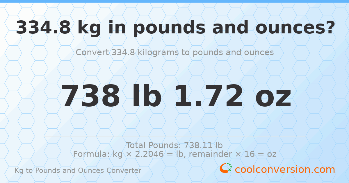 334.8 kg to lbs and oz — 334.8 kg = 738 lb 1.72 oz