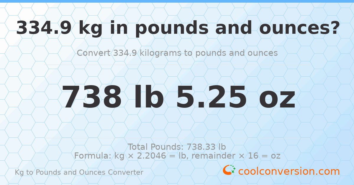 334.9 kg to lbs and oz — 334.9 kg = 738 lb 5.25 oz