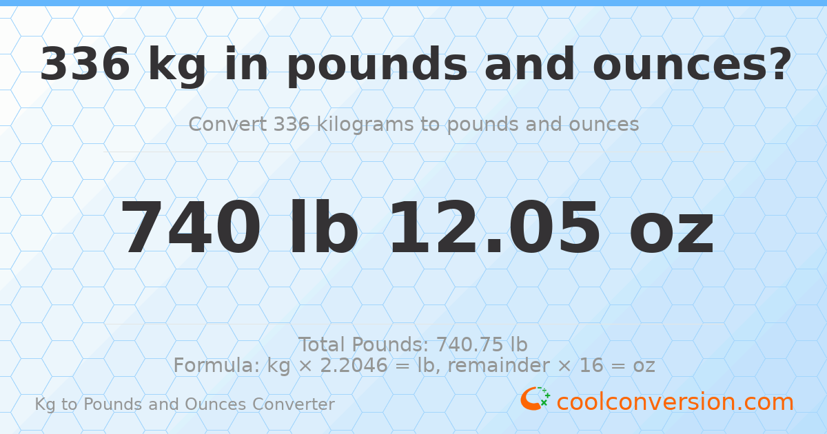 336 kg to lbs and oz — 336 kg = 740 lb 12.05 oz