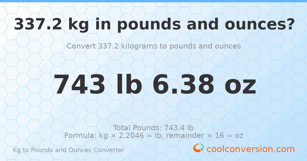 337.2 kg to lbs and oz — 337.2 kg = 743 lb 6.38 oz