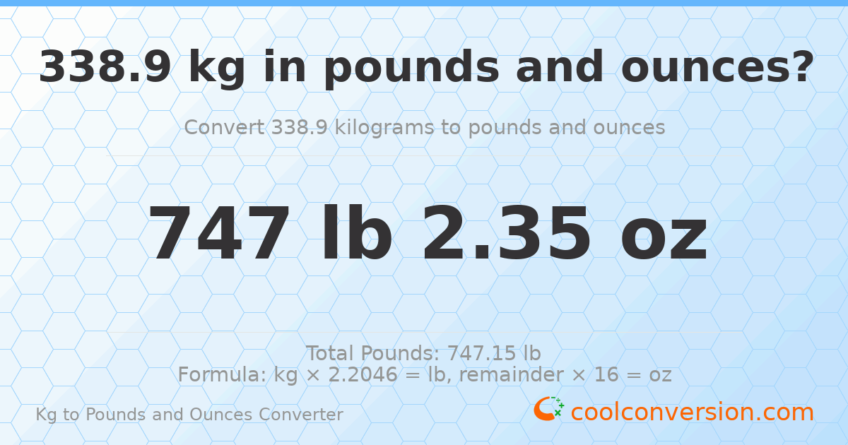 338.9 kg to lbs and oz — 338.9 kg = 747 lb 2.35 oz