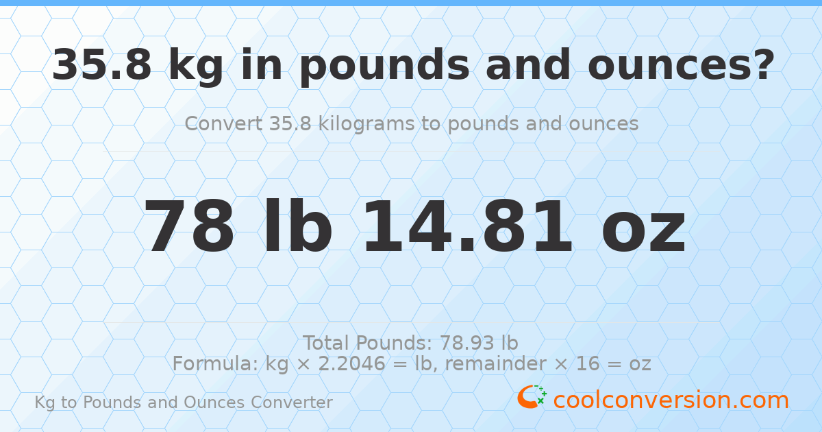 35.8 kg to lbs and oz — 35.8 kg = 78 lb 14.81 oz