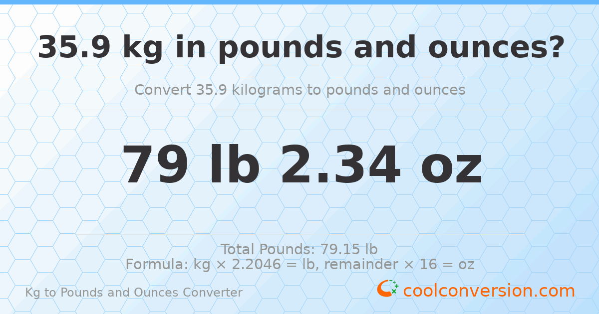 35.9 kg to lbs and oz — 35.9 kg = 79 lb 2.34 oz