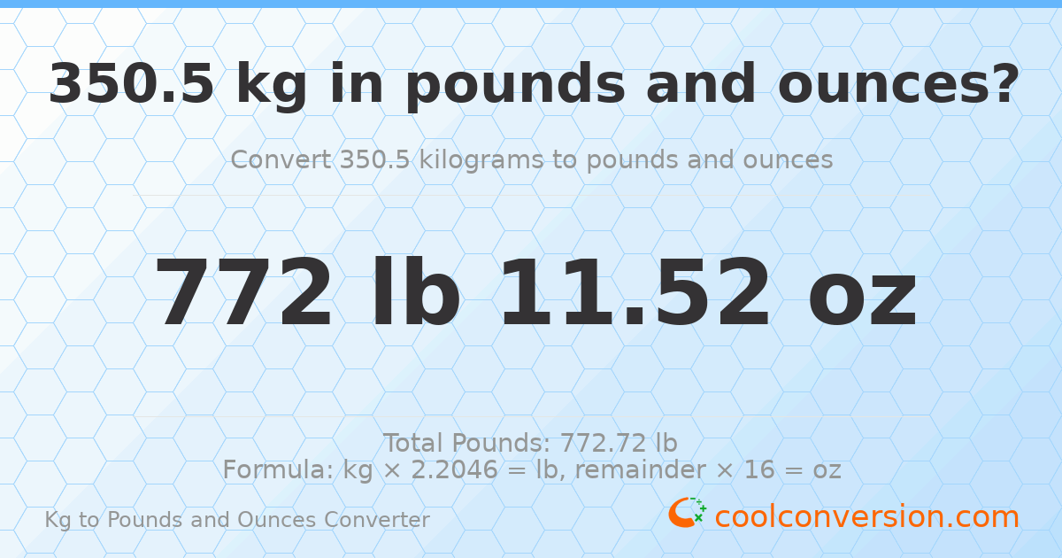 350.5 kg to lbs and oz — 350.5 kg = 772 lb 11.52 oz