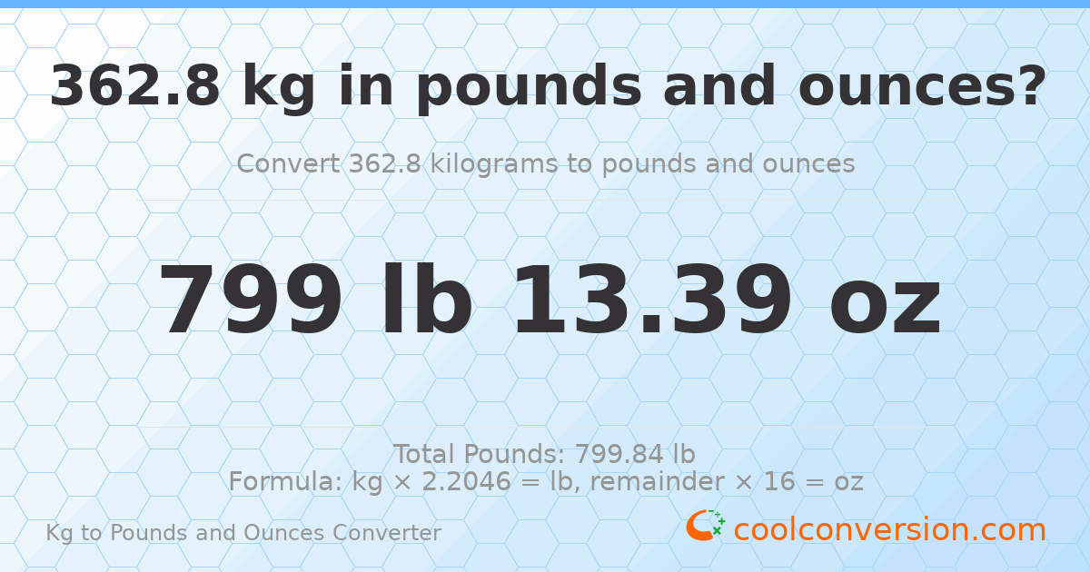 362.8 kg to lbs and oz — 362.8 kg = 799 lb 13.39 oz