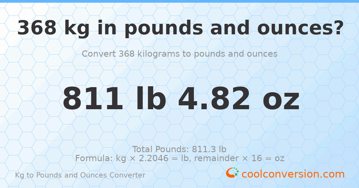 368 kg to lbs and oz — 368 kg = 811 lb 4.82 oz