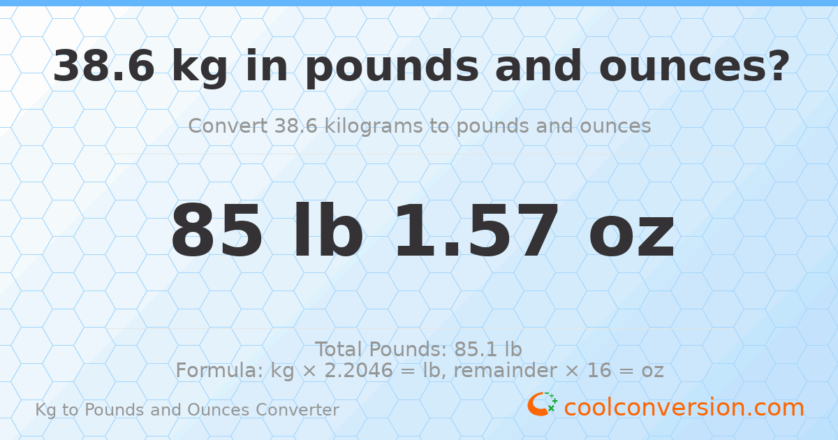 38.6 kg to lbs and oz — 38.6 kg = 85 lb 1.57 oz