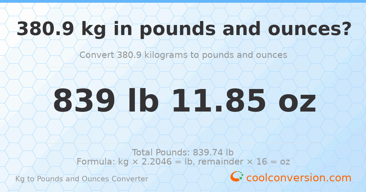 380.9 kg to lbs and oz — 380.9 kg = 839 lb 11.85 oz