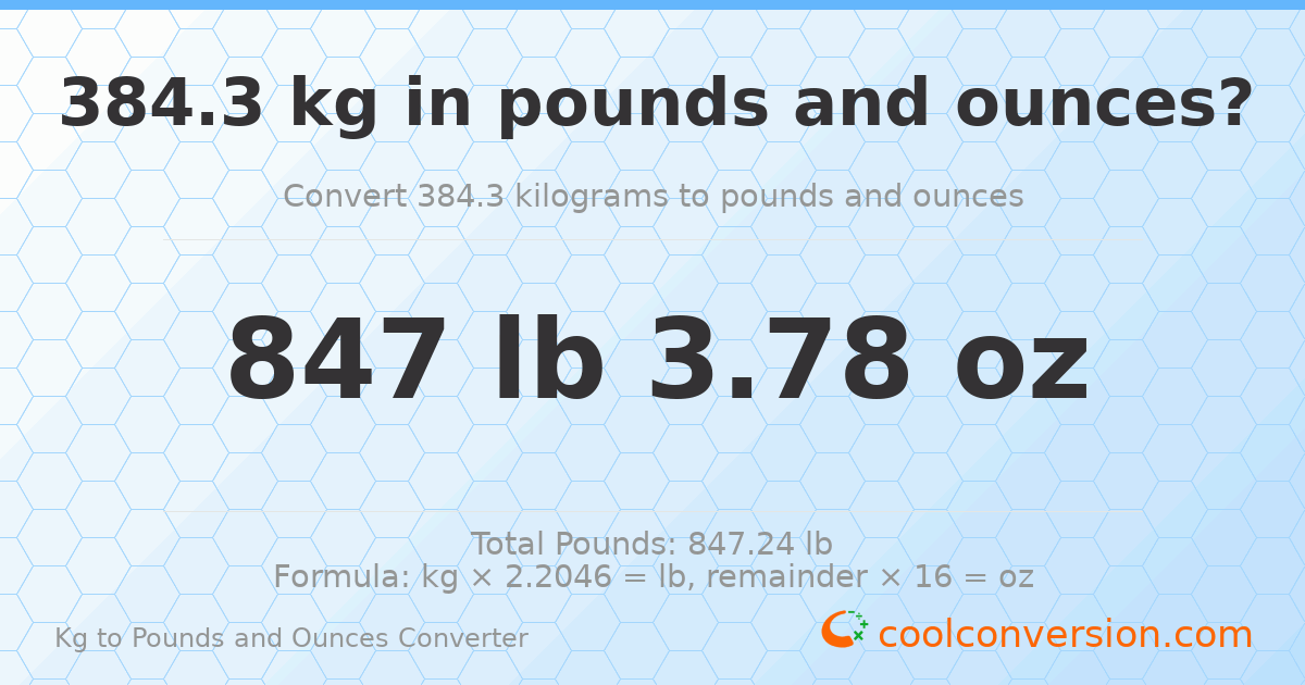 384.3 kg to lbs and oz — 384.3 kg = 847 lb 3.78 oz