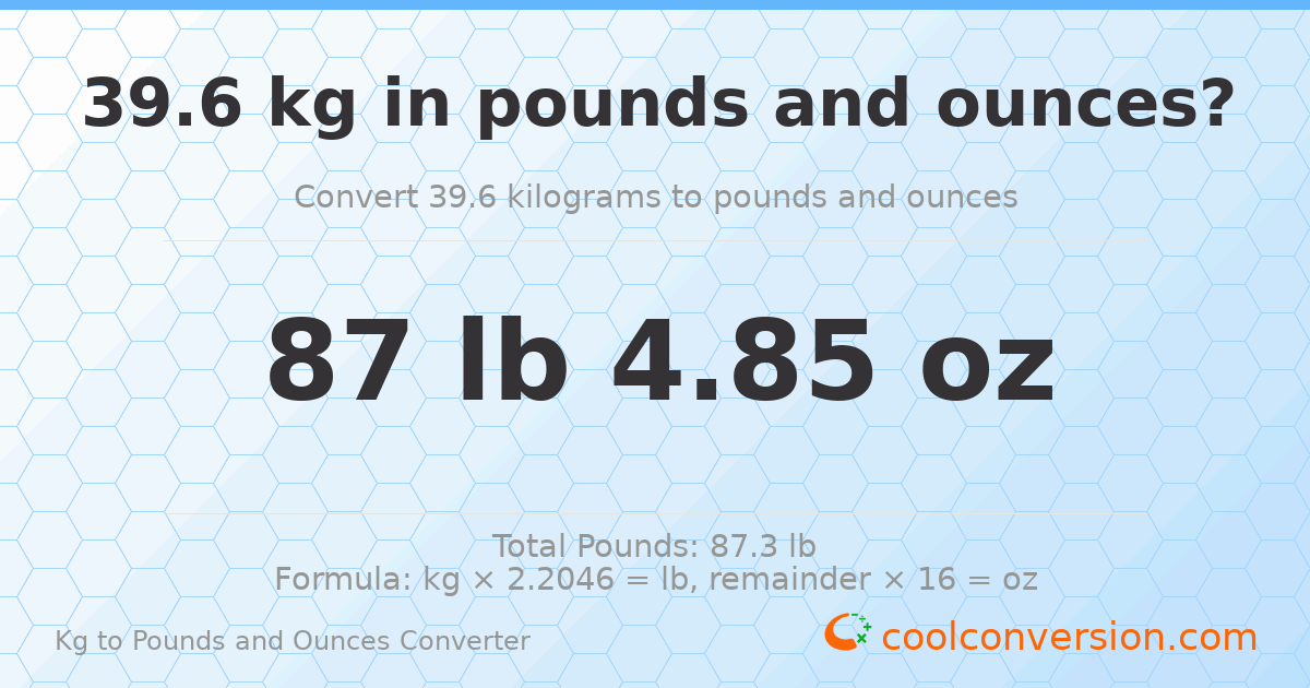 39.6 kg to lbs and oz — 39.6 kg = 87 lb 4.85 oz